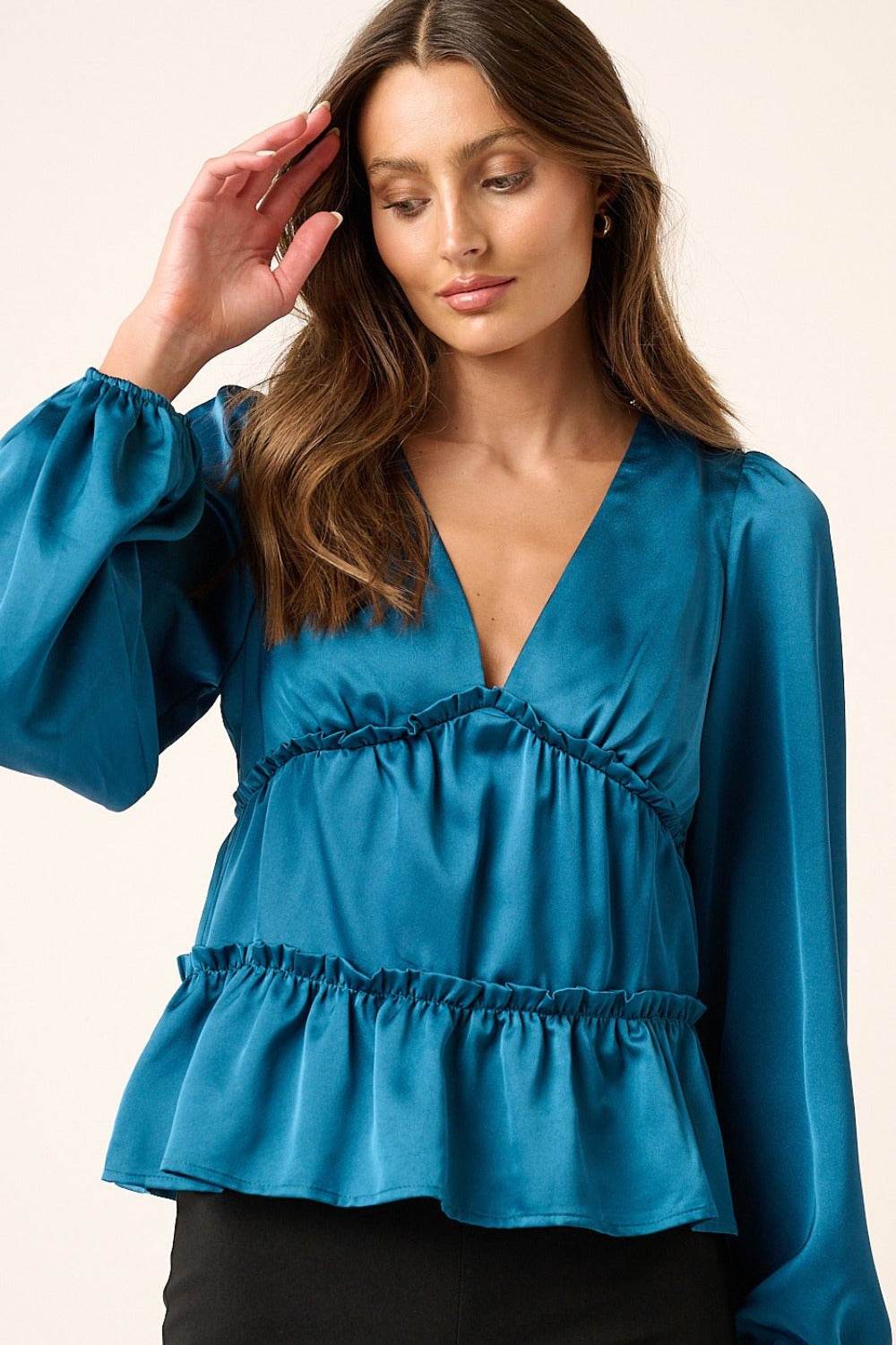 Mittoshop Satin V Neck Ruffled Tier Blouse - Delanoir