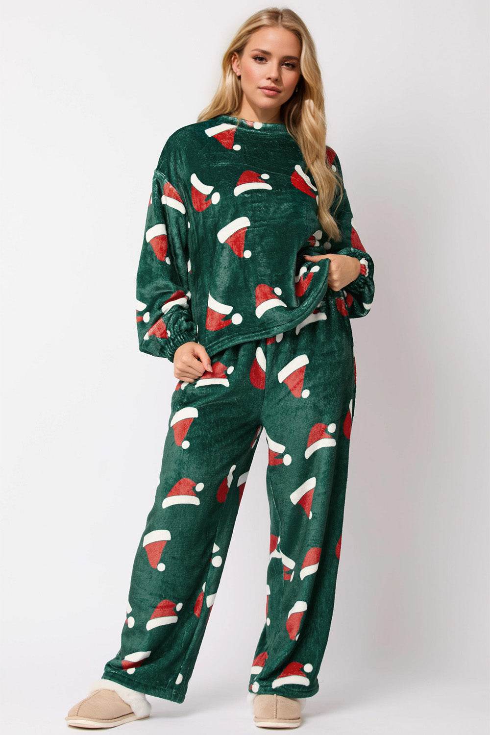 Christmas Hat Pattern Round Neck Long Sleeve Top and Pants Set - Delanoir