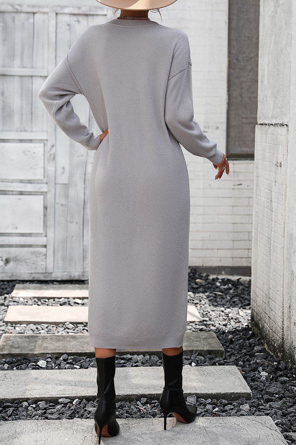 Decorative Button Notched Dropped Shoulder Sweater Dress - Delanoir