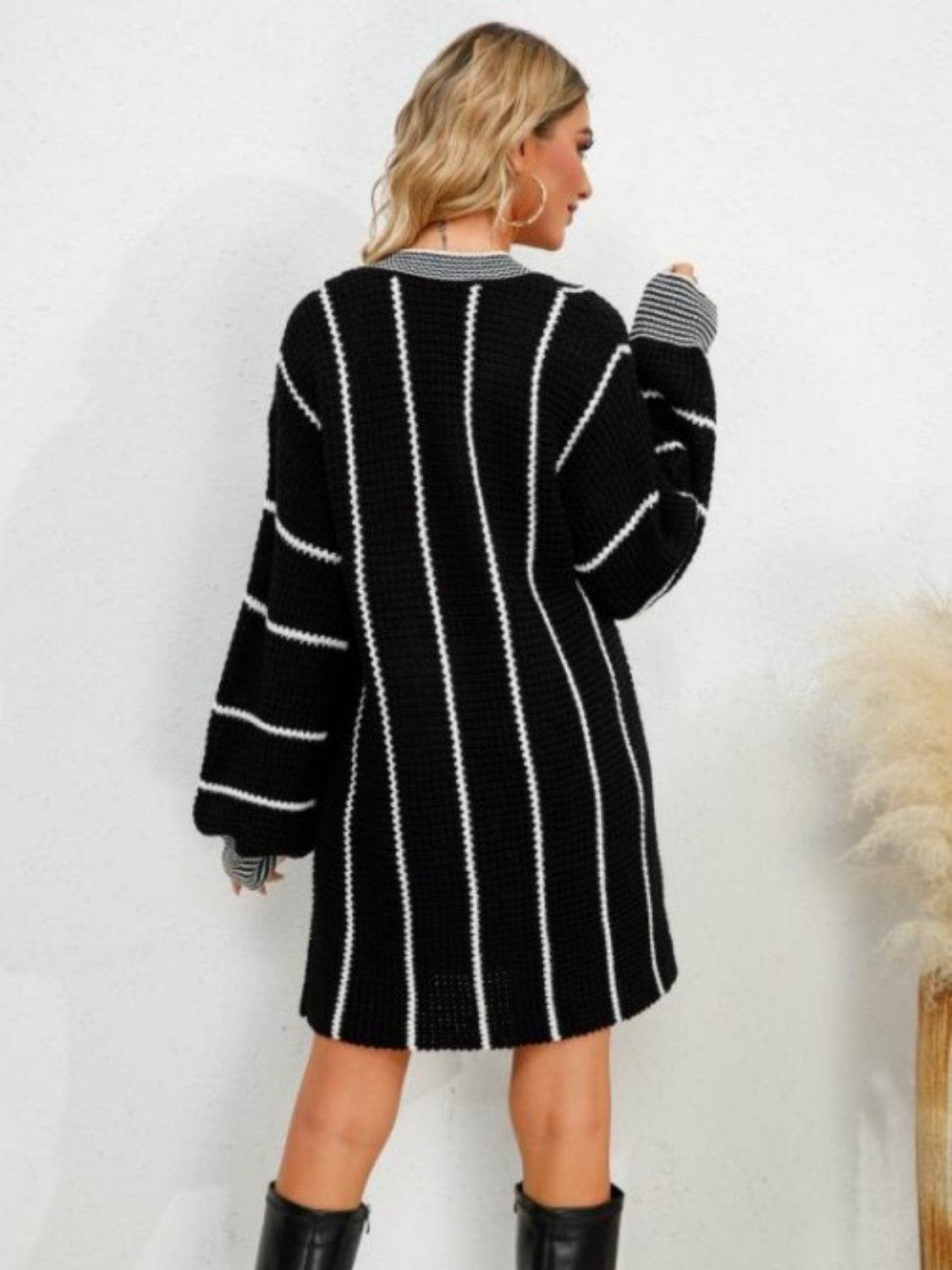 Striped V-Neck Long Sleeve Mini Dress - Delanoir
