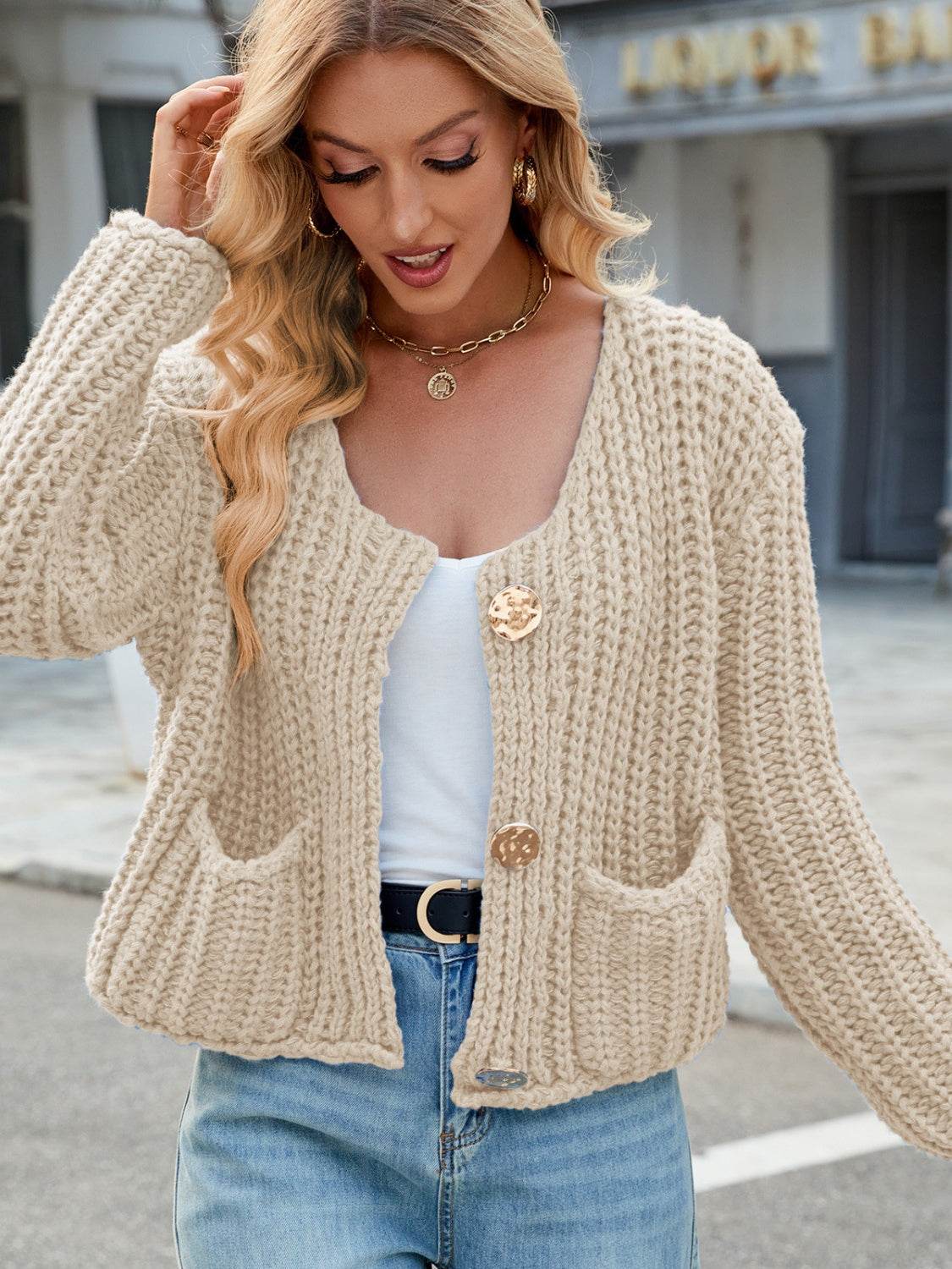 Round Neck Button Up Cardigan with Pockets - Delanoir