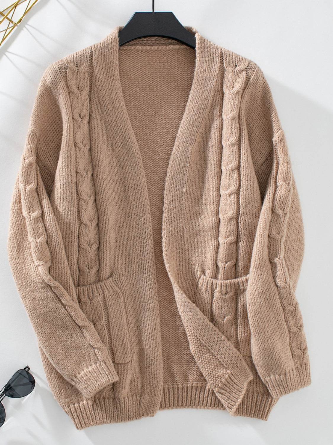 Cable-Knit Open Front Long Sleeve Cardigan - Delanoir