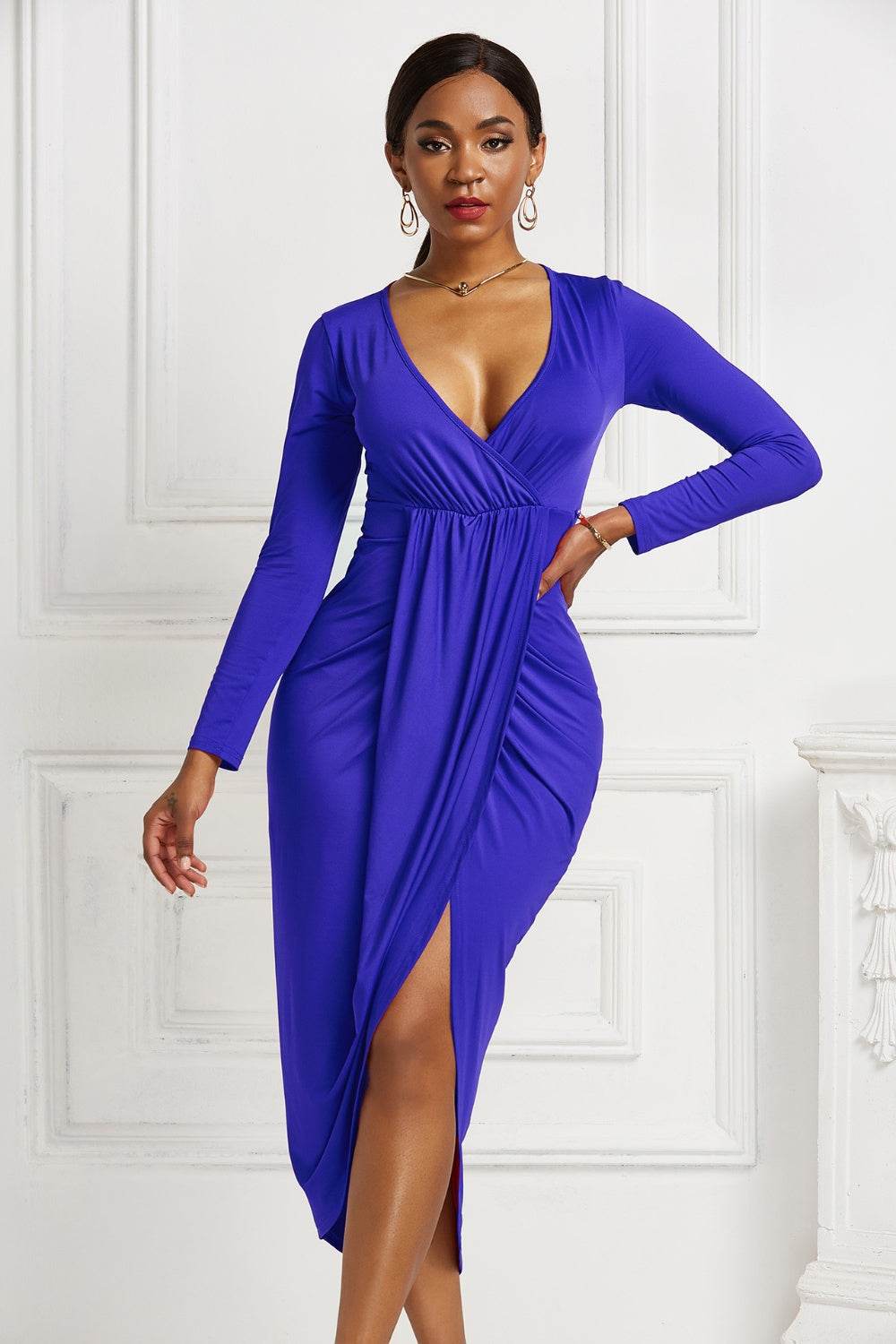 High-low Ruched Surplice Long Sleeve Dress - Delanoir