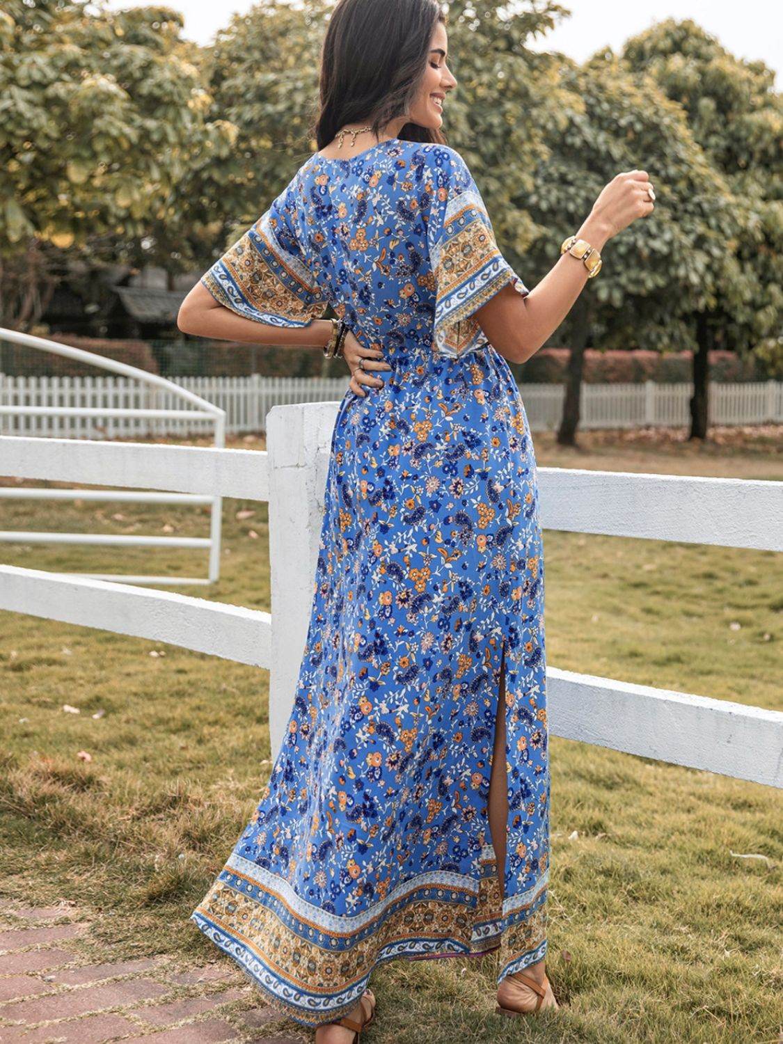 Slit Printed V-Neck Half Sleeve Maxi Dress - Delanoir