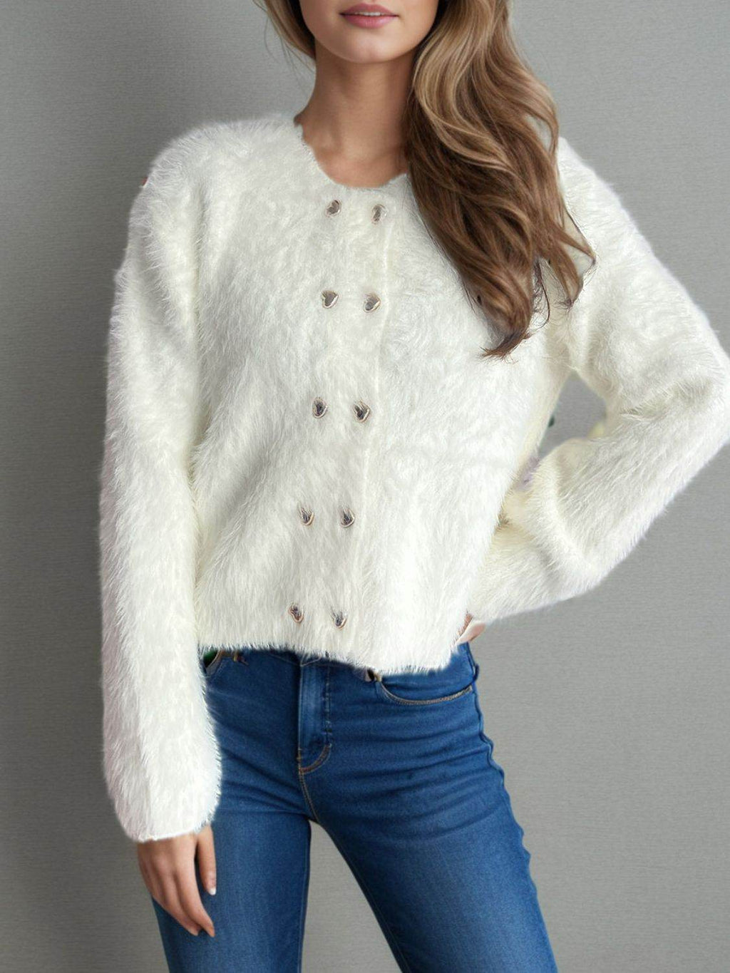 Heart Button Round Neck Cardigan - Delanoir