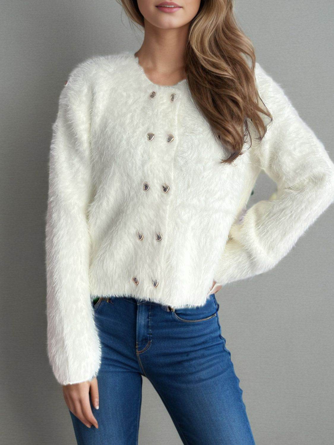 Heart Button Round Neck Cardigan - Delanoir