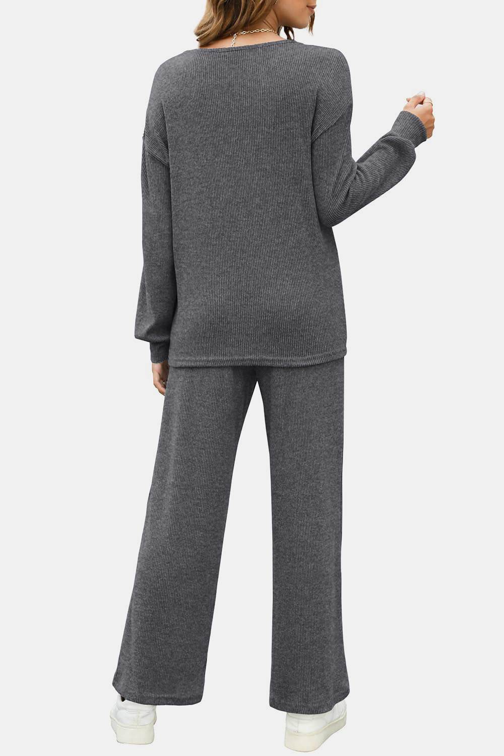 Round Neck Long Sleeve Top and Pants Set - Delanoir