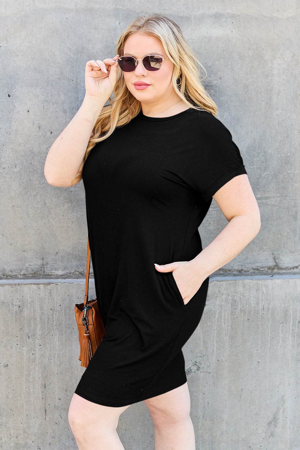 Basic Bae Bamboo Full Size Round Neck Short Sleeve Dress with Pockets - Delanoir