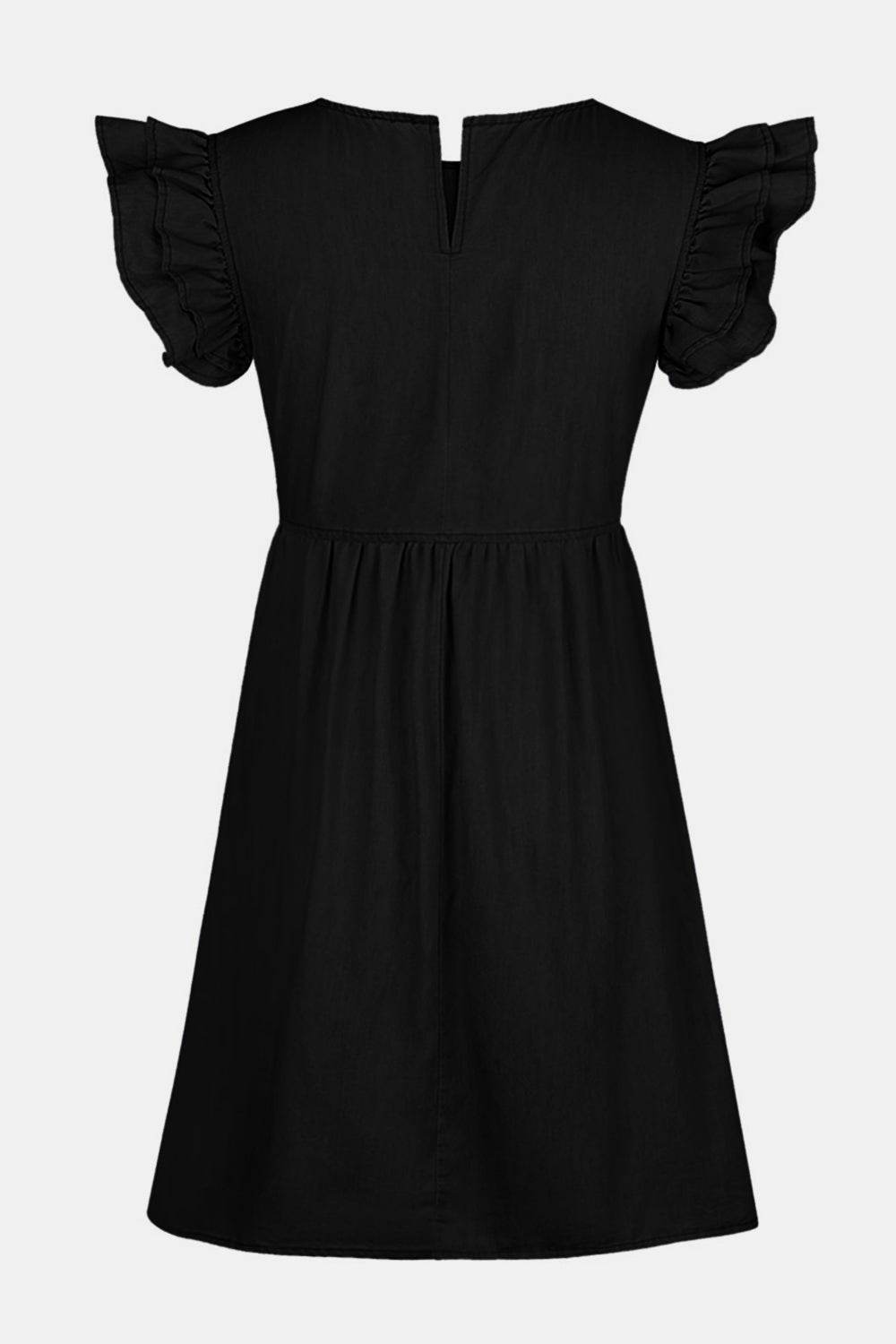 Full Size Ruffled Round Neck Cap Sleeve Denim Dress - Delanoir