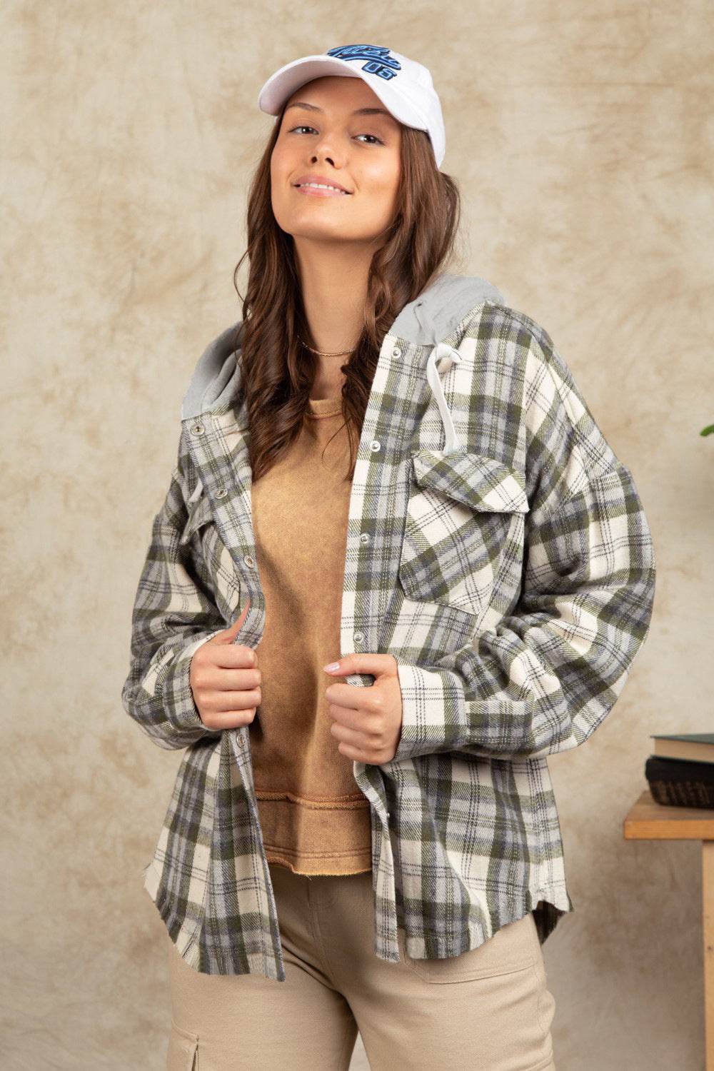 Drawstring Plaid Long Sleeve Hooded Jacket - Delanoir
