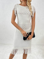 Fringe Openwork Boat Neck Knit Dress - Delanoir