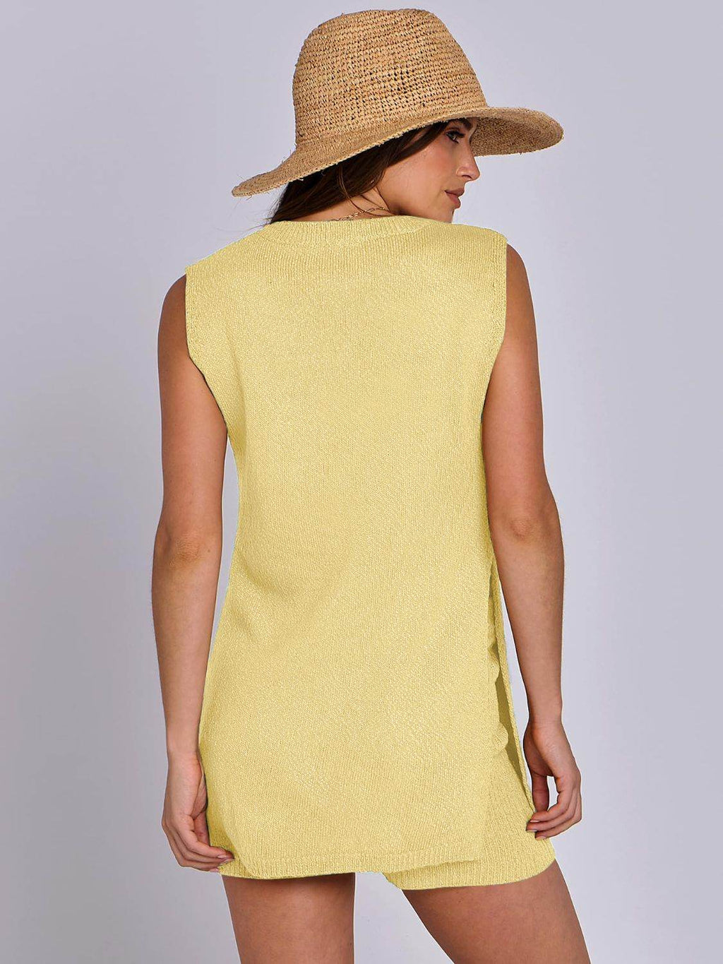 Mandy Side Slit Round Neck Tank and Shorts Sweater Set - Delanoir