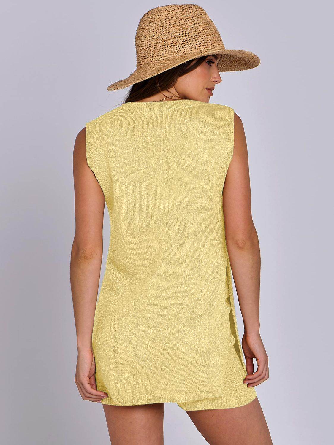 Mandy Side Slit Round Neck Tank and Shorts Sweater Set - Delanoir