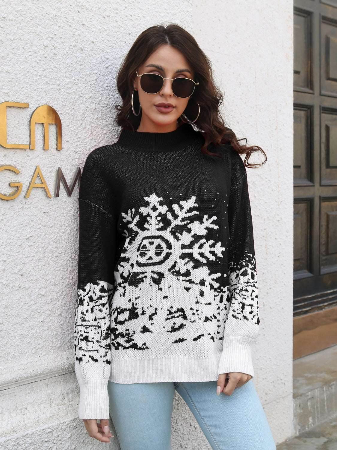 Snowflake Pattern Mock Neck Sweater - Delanoir