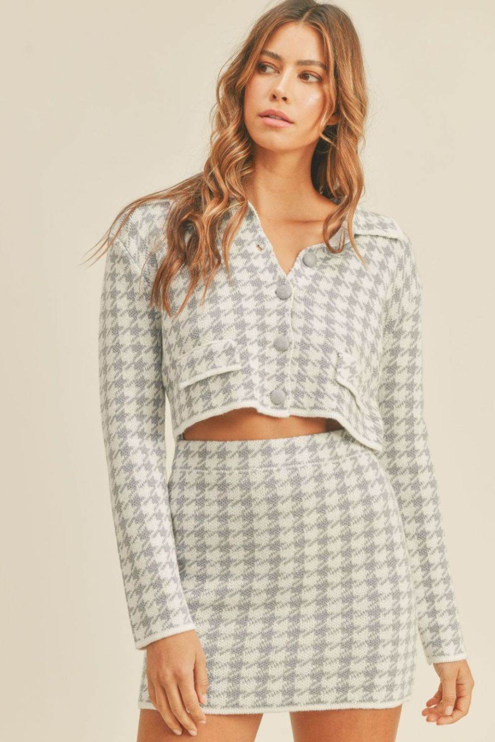 MABLE Houndstooth Cropped Knit Cardigan and Mini Skirt Set - Delanoir