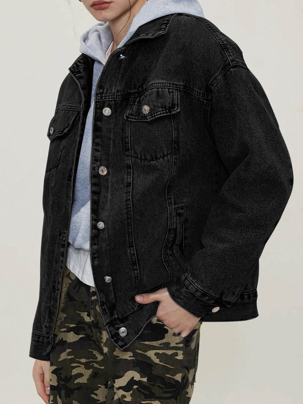Button Up Collared Neck Long Sleeve Denim Jacket - Delanoir
