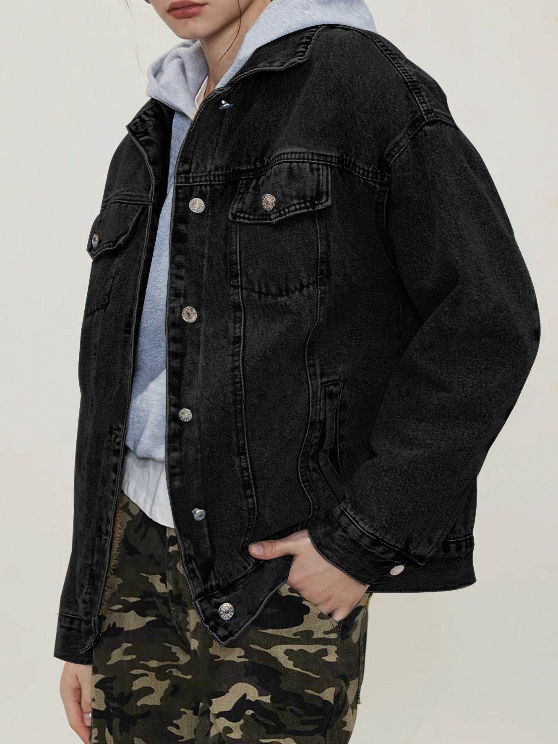 Button Up Collared Neck Long Sleeve Denim Jacket - Delanoir
