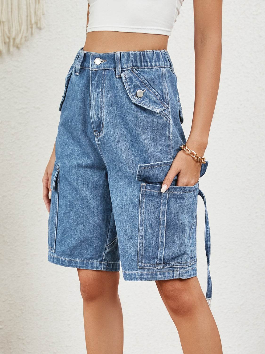 Buttoned Elastic Waist Denim Shorts with Pockets - Delanoir