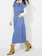 Slit Half Button Collared Neck Cap Sleeve Denim Dress - Delanoir
