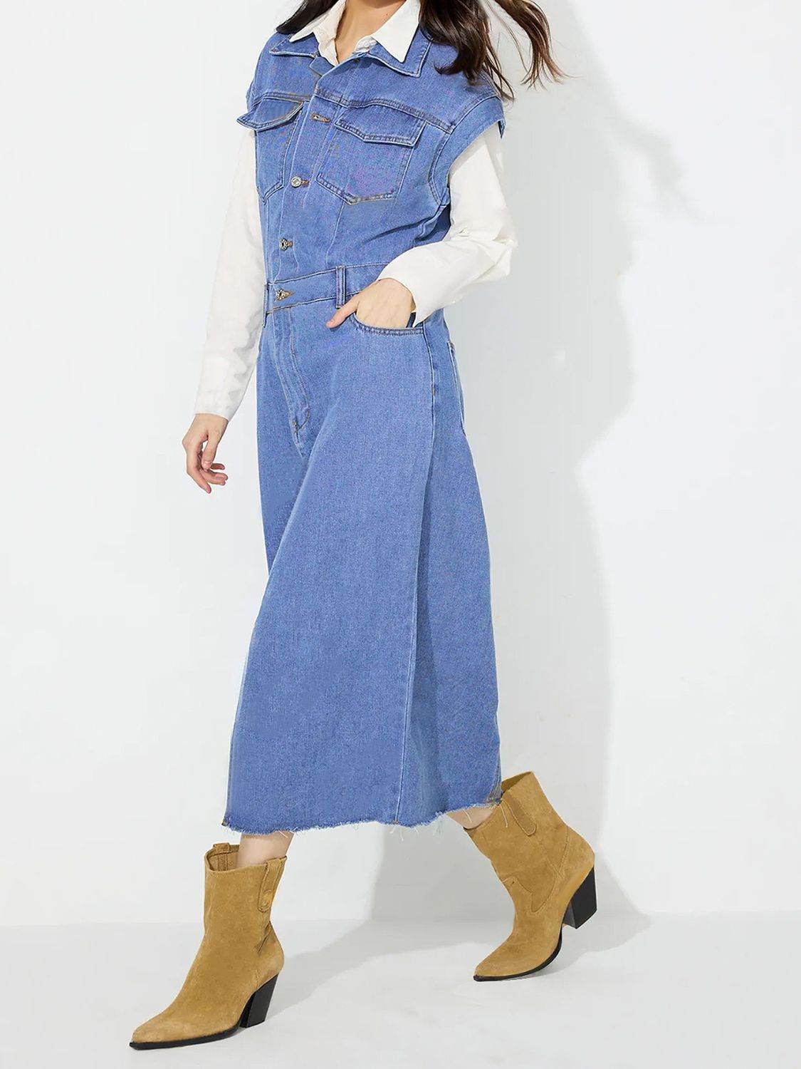 Slit Half Button Collared Neck Cap Sleeve Denim Dress - Delanoir