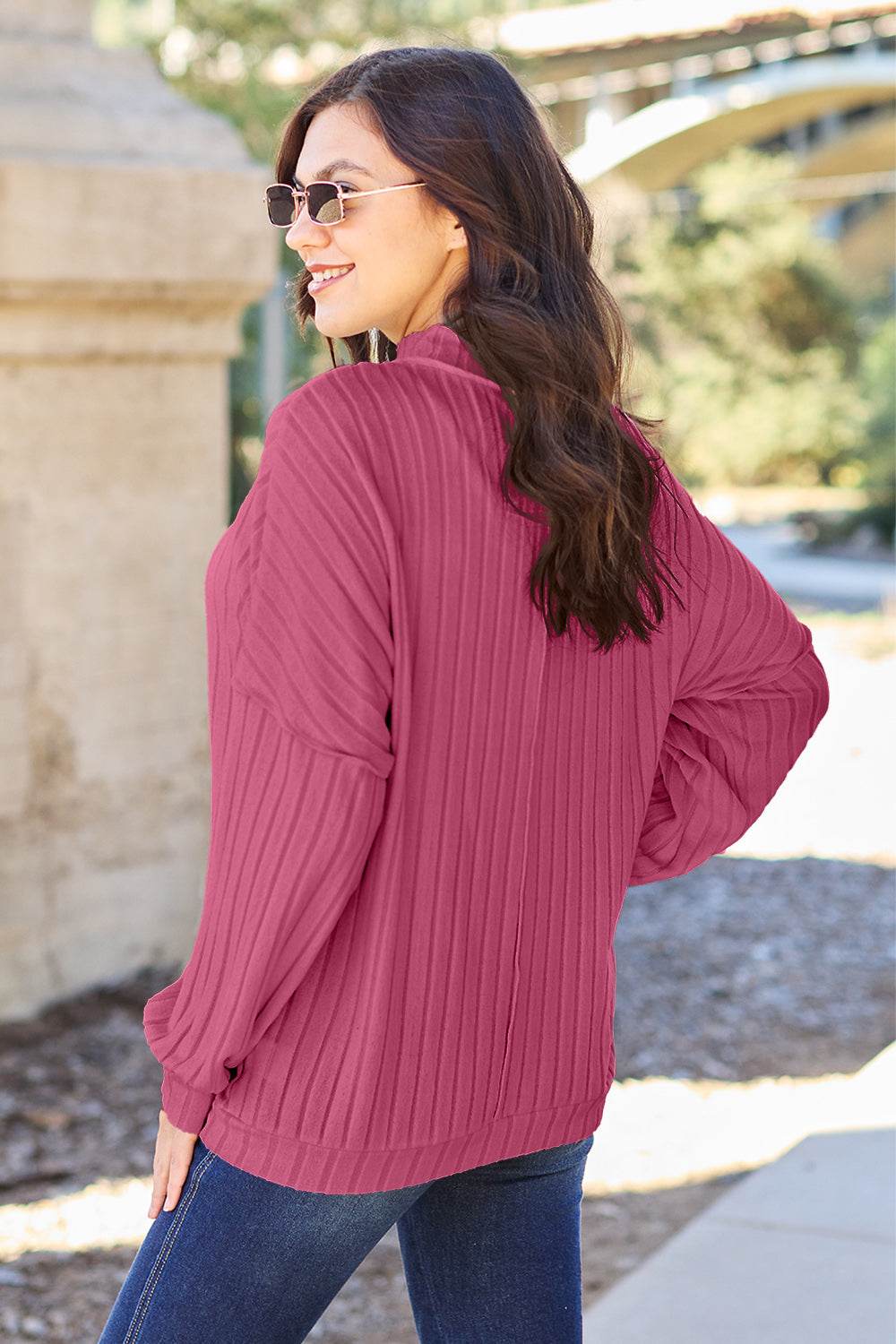 Basic Bae Full Size Ribbed Exposed Seam Mock Neck Knit Top - Delanoir