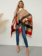 Fringe Contrast Plaid Poncho - Delanoir