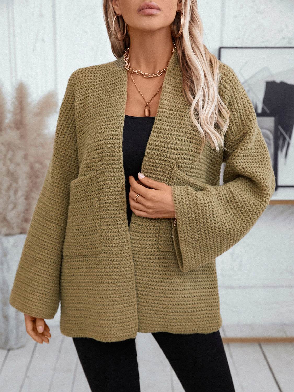 Open Front Long Sleeve Cardigan - Delanoir
