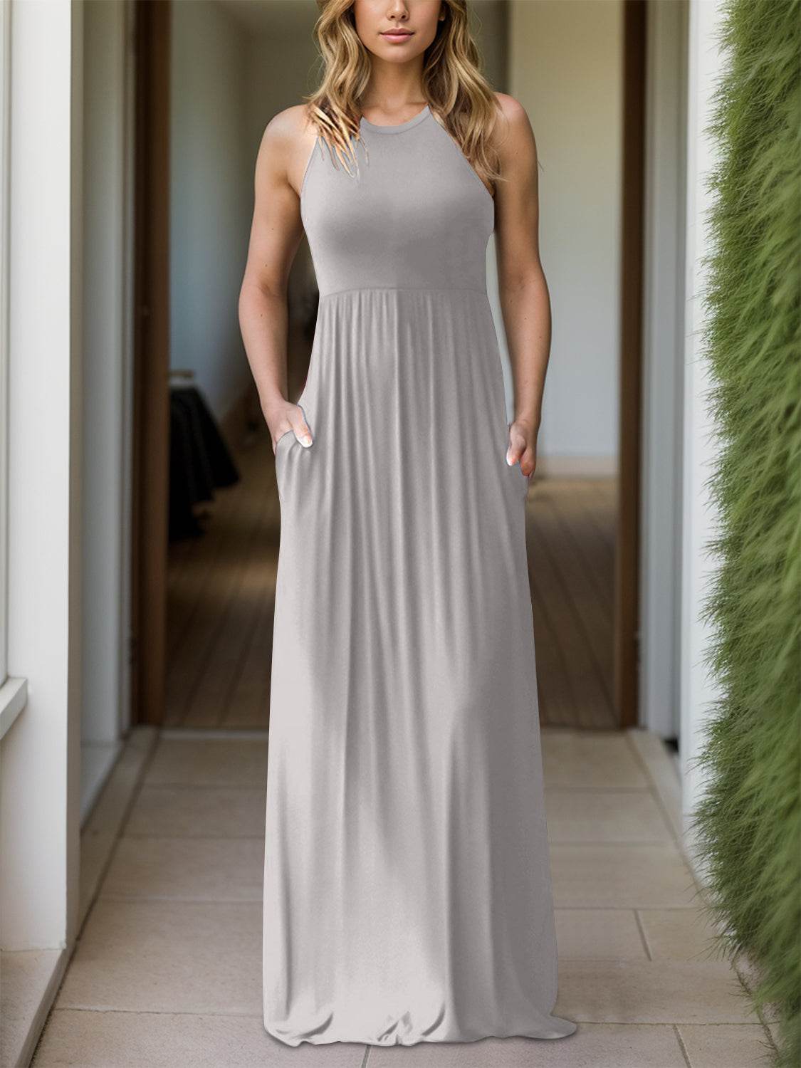 Full Size Grecian Neck Dress with Pockets - Delanoir