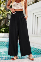 Devine Smocked Wide Leg Pants with Pockets - Delanoir