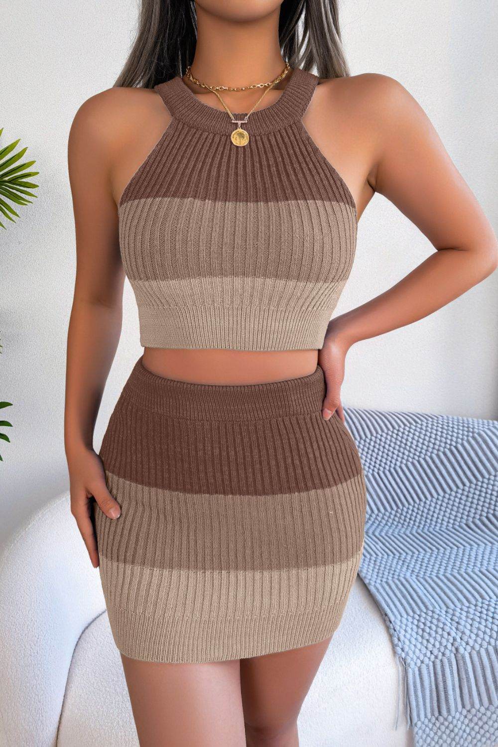 Color Block Sleeveless Crop Knit Top and Skirt Set - Delanoir