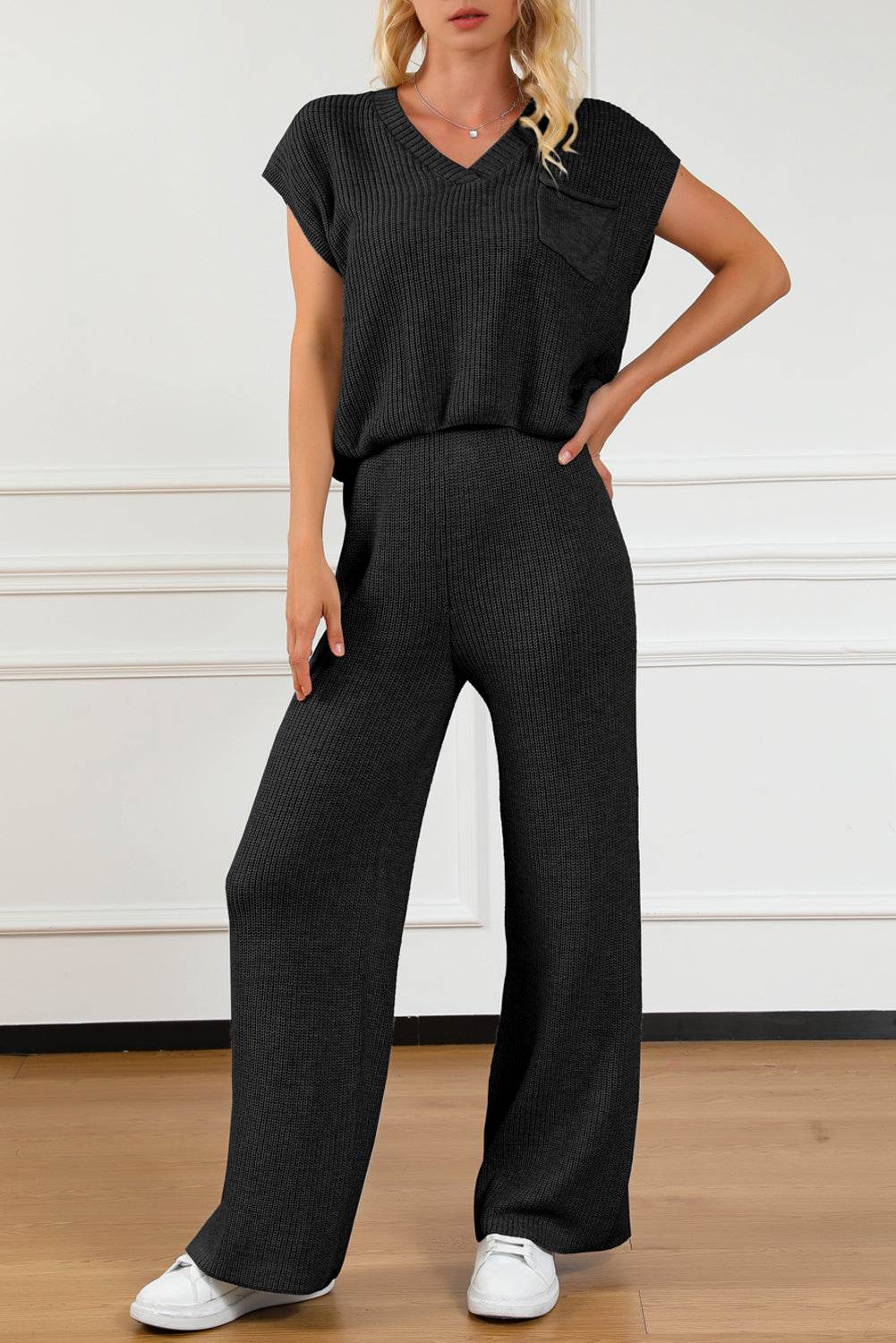 Pocketed V-Neck Top and Wide Leg Sweater Set - Delanoir