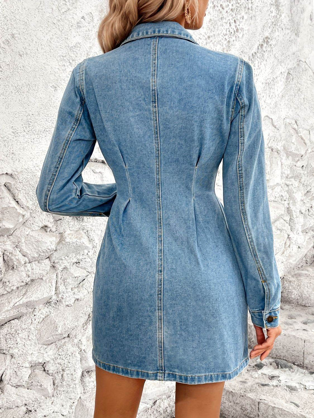 Pocketed Button Up Long Sleeve Denim Dress - Delanoir