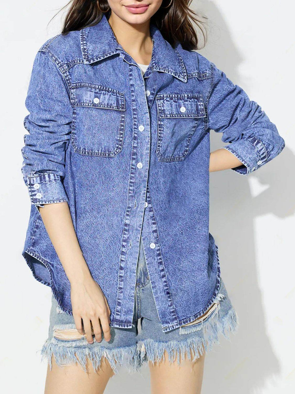 Curved Hem Collared Neck Denim Top - Delanoir