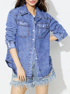 Curved Hem Collared Neck Denim Top - Delanoir