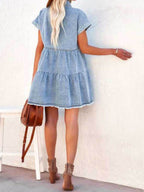 Raw Hem Short Sleeve Denim Dress - Delanoir