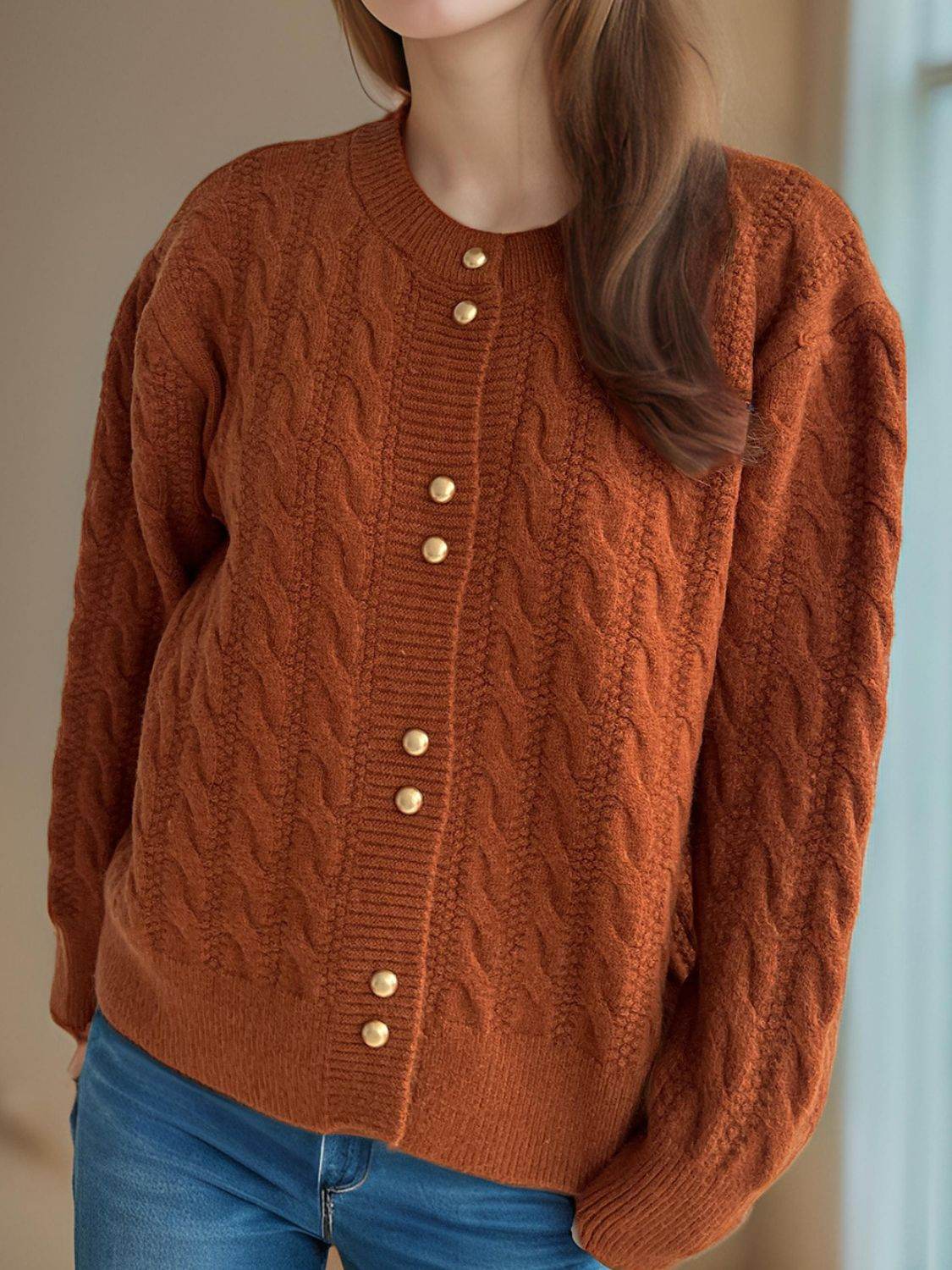 Cable-Knit Round Neck Long Sleeve Cardigan - Delanoir