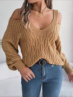 Cable-Knit Cold Shoulder Long Sleeve Sweater - Delanoir