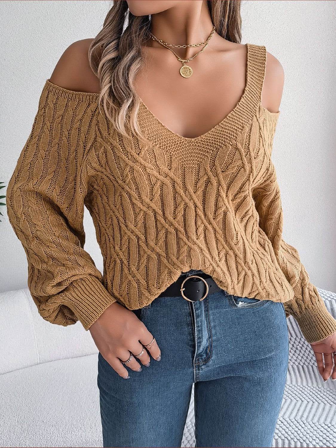 Cable-Knit Cold Shoulder Long Sleeve Sweater - Delanoir