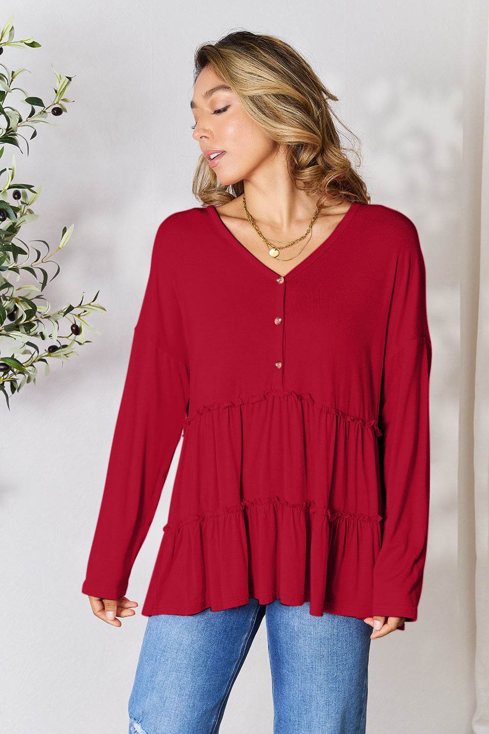 Double Take Half Button Long Sleeve Ruffle Hem Blouse - Delanoir