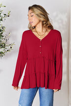 Double Take Half Button Long Sleeve Ruffle Hem Blouse - Delanoir