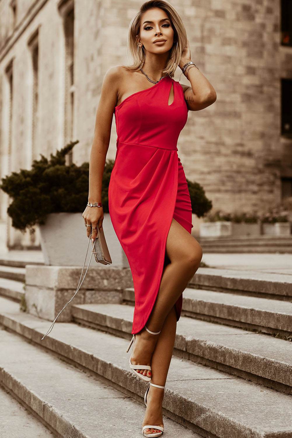 Ruched Cutout Single Shoulder Dress - Delanoir