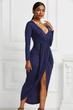 High-low Ruched Surplice Long Sleeve Dress - Delanoir