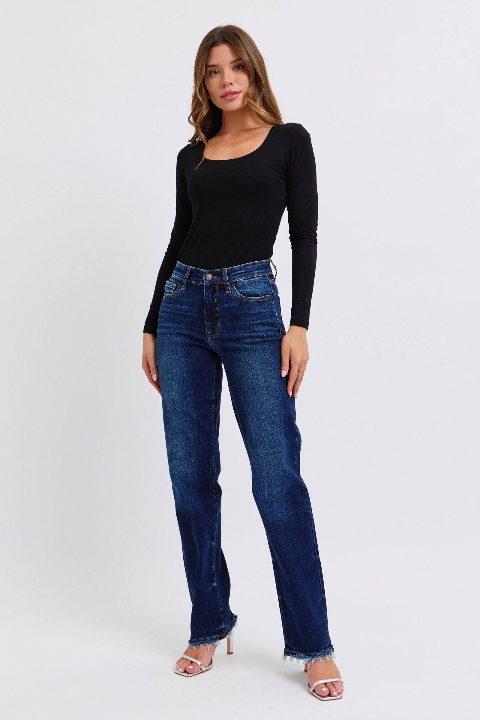 Judy Blue Full Size Raw Hem Straight Leg Jeans - Delanoir