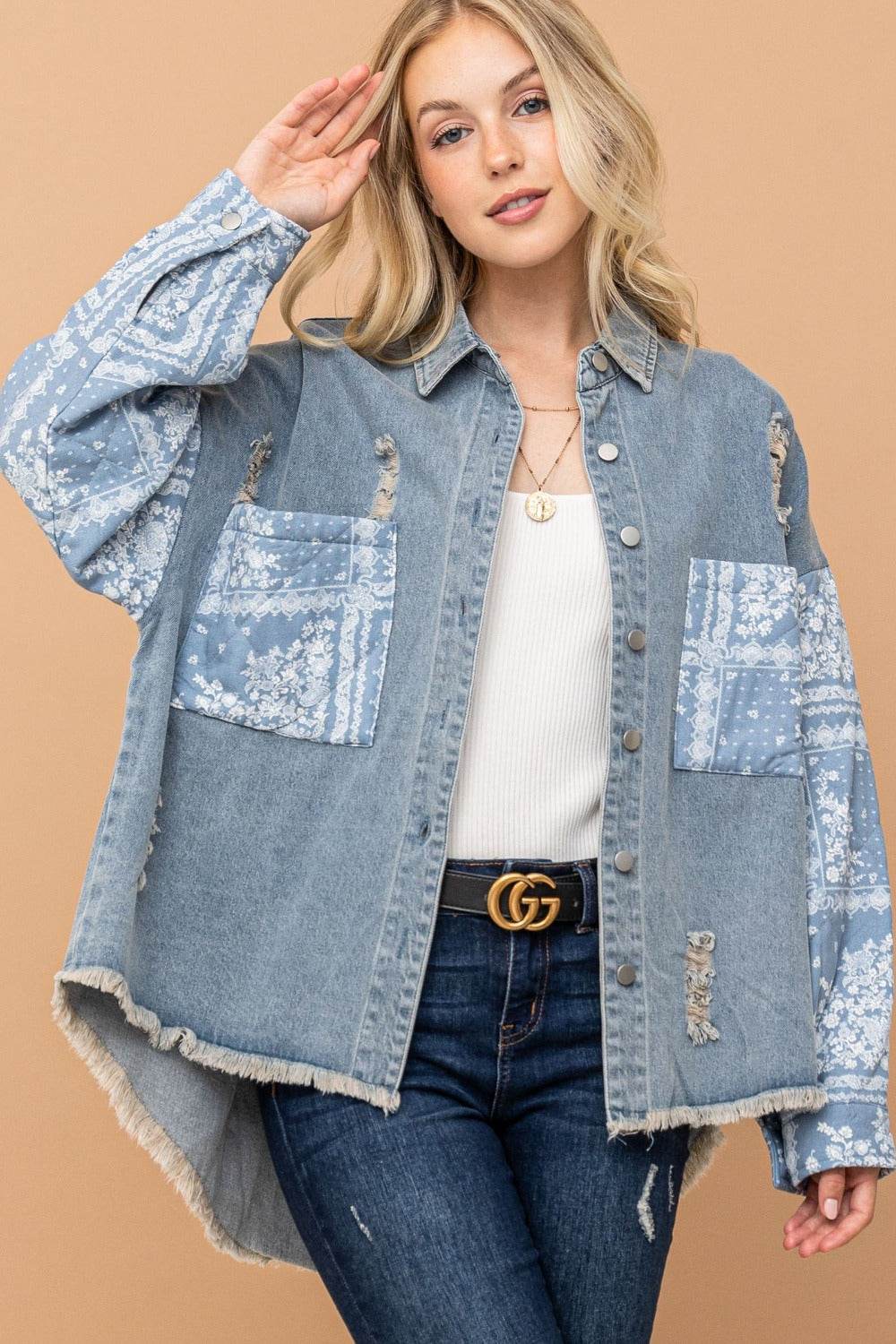 And The Why Full Size Paisley Print Quilted Sleeves Denim Jacket - Delanoir