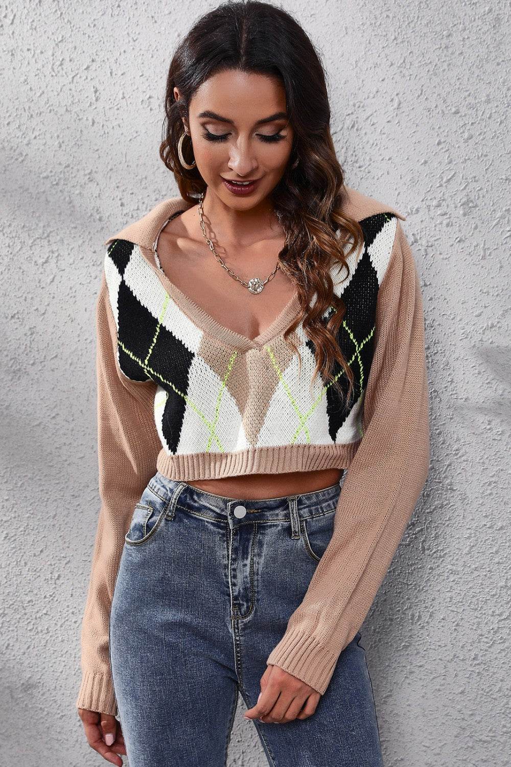 Geometric Long Sleeve Cropped Sweater - Delanoir