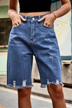 Raw Hem High Waist Denim Shorts with Pockets - Delanoir