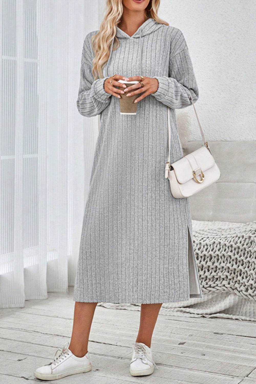 Side Slit Drawstring Long Sleeve Hooded Dress - Delanoir