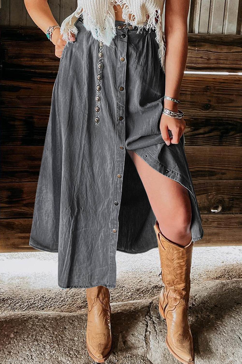 Snap Down High Waist Denim Skirt - Delanoir