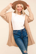 Haptics Stripe Textured Open Front Cardigan with Pockets - Delanoir