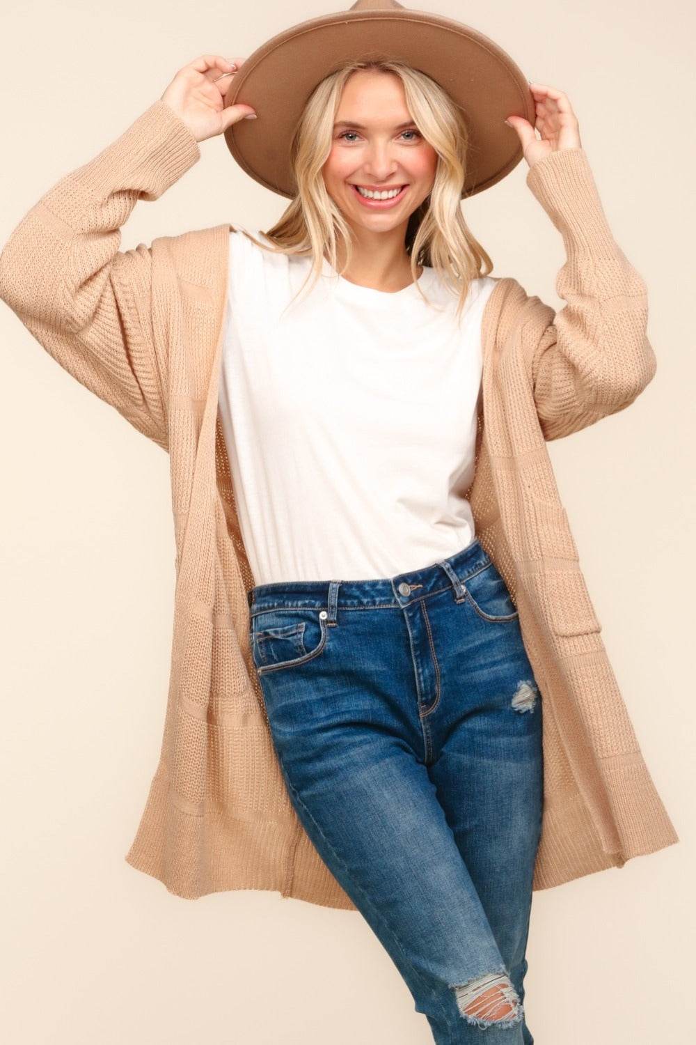 Haptics Stripe Textured Open Front Cardigan with Pockets - Delanoir